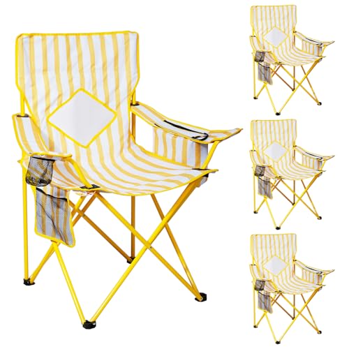 Yellow Folding Camping Chair with Cooler Pouch Mesh Backrest Cup Holder 4 Pack