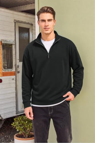X-Large All Black Mens Quarter Zip Fleece-Lined Pullover Sweatshirt Casual