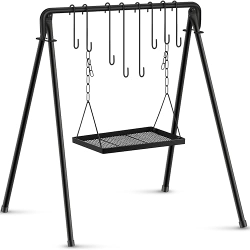 Rossesay Medium Tray Campfire Swing Grill Stand with 8 Hooks & Adjustable Cooking Surface