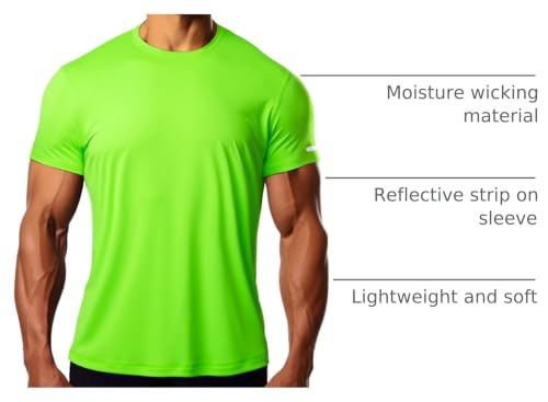 Mens Fitted Quick Dry Workout Shirts - Running Athletic Gym Tee Large Neon Green