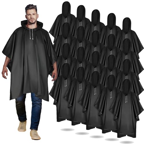Black Reusable Adult Rain Ponchos - 20 Pack Waterproof Waterproof Raincoat with Hood