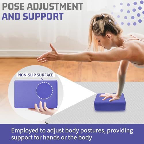 Purple Yoga Blocks 2 Pack - 3x6x9 Inch Non-Slip Foam Support - Rounded Edges