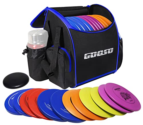 Blue Disc Golf Set with Backpack - 12 Discs for Beginners and Portable Stand Bag