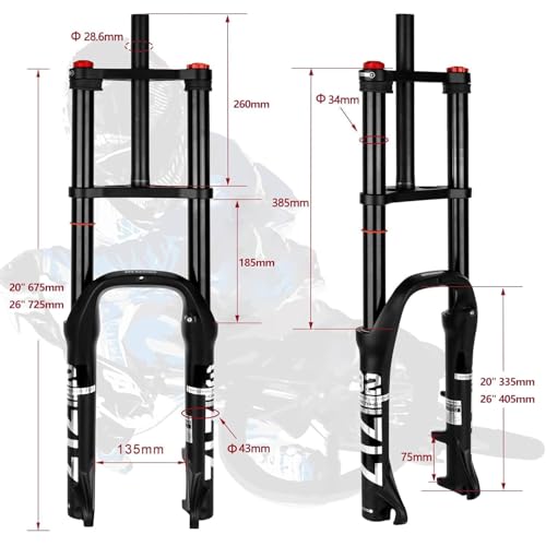 ZTZ 20/26 inch 4.0 Fat Tire Bike Air Suspension Fork - 180mm Travel, Black, QR 9x135mm, Model Variance