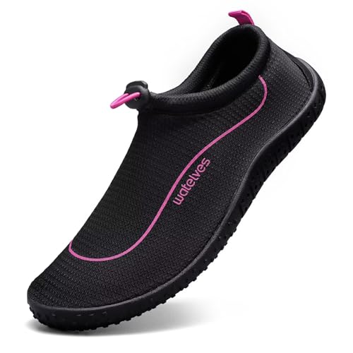 Water Shoes Women Men Multi-Purpose Barefoot Aqua Socks with Thick Sole - Black Pink, 8 Women / 6.5 Men