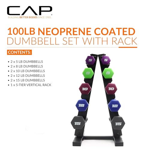 CAP 100 lb Neoprene Dumbbell Set with Rack - Color Series, 5 Pairs