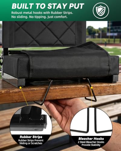 LWWTBS Stadium Seat with Back Support - Black, 2 Pack, Foldable Bleacher Chair with Cushion & Organizer
