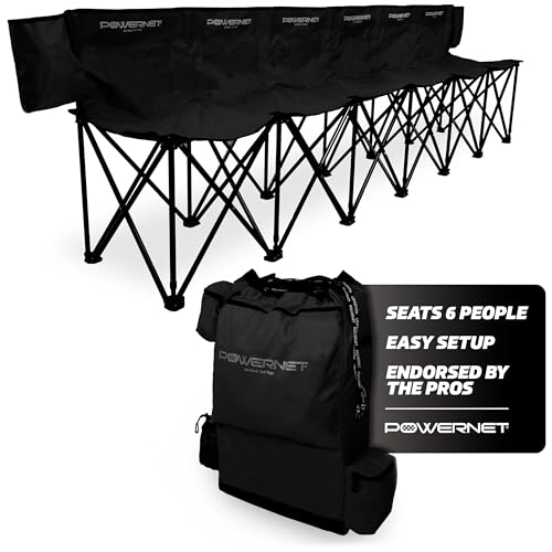 PowerNet 6-Seater Team Bench Black with Backpack Carry Bag - Portable Sports Seating for Soccer Football Basketball Practice & Games