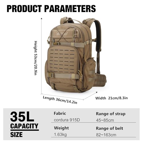 Mardingtop 35L Khaki Tactical Military Backpack with Cordura for Hiking & Camping
