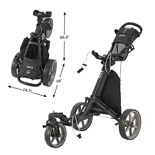 KVV 3-Wheel Golf Push Cart with 360° Swivel Front Wheel, Quick Fold & Umbrella Holder - Black/Charcoal