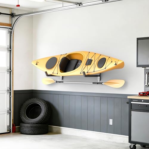 Wall-Mounted Kayak Rack for 1 Kayak - Heavy-Duty Garage Storage with Paddle Hooks