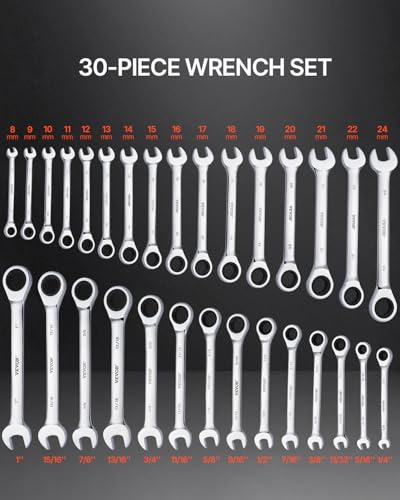 VEVOR 30-Piece Metric & SAE Ratcheting Wrench Set, 72 Tooth, Silver