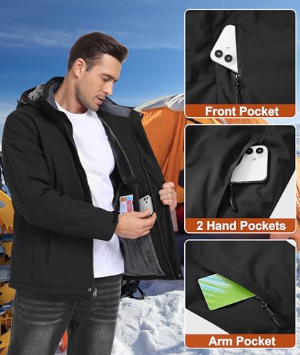 Buyboxs Men's Large Black Waterproof Winter Ski Snowboard Jacket - Insulated Rain Coat with Fleece Lining