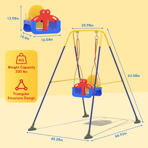 HAPPYMATY 3-in-1 Toddler Swing Set Blue Yellow - Indoor/Outdoor Baby Swing with Safety Belt & Sturdy Metal Stand