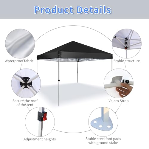 8x8 ft Pop Up Canopy Tent with Backpack Bag Waterproof Portable Sun Shelter Black