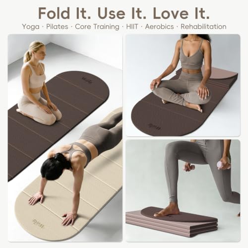 WeiLa Foldable Yoga Mat 10mm Thick, Extra Long 75x26in, Brown & Bamboo Cream