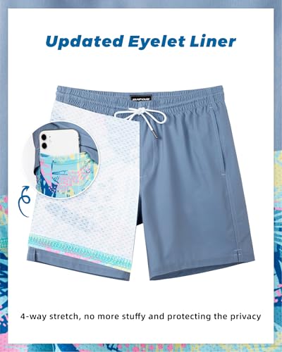 Men's Swim Trunks with Compression Liner - 7 Inch Stretch Swim Shorts, Quick Dry, Haze Blue, Large