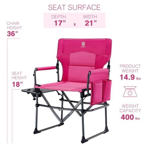 Pink Camping Directors' Chair with Side Table - Heavy Duty Portable Folding Lawn Chair, Supports 400lbs
