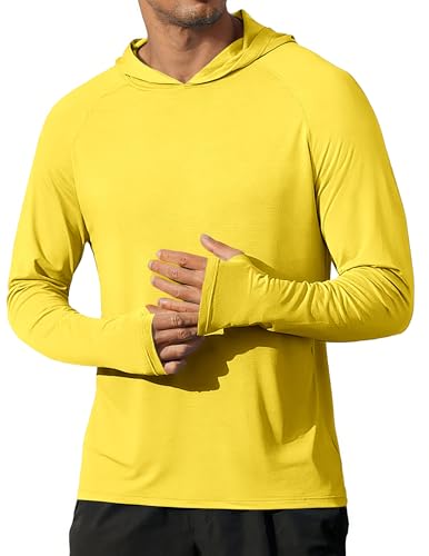 Yellow Men's UPF 50+ Long Sleeve Hoodie Shirt for Sun Protection - Lightweight Quick Dry Fishing Rash Guard