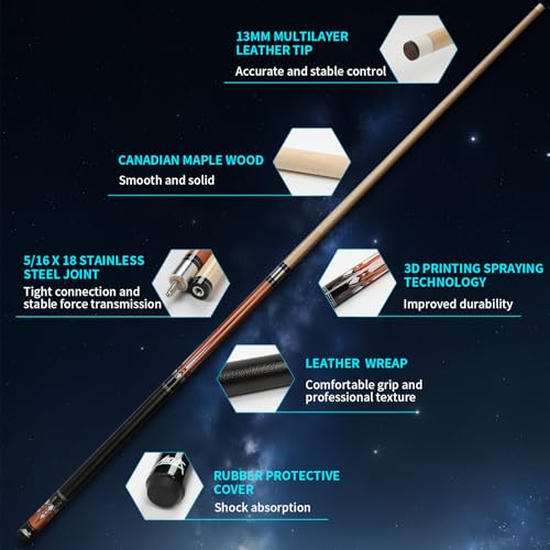 AKLOT Colorful Pool Cue Stick 58'' 18-21oz with High-Density Leather Tip