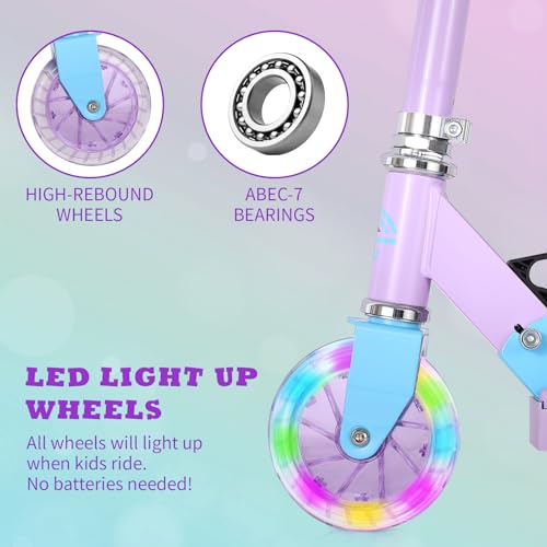 LEADER RIDER Purple Kids Foldable Light-Up Scooter, Adjustable Height, 3-Color LED Wheels