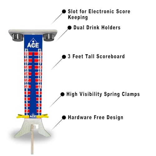 CornholeAce Elite Scoreboard 3ft Navy Blue/Red Tall Stand with Phone & Drink Holders
