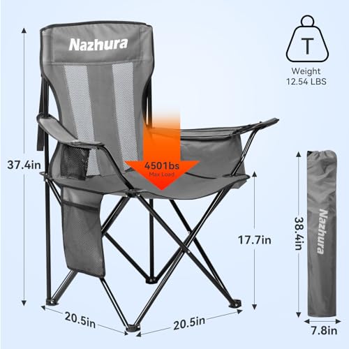 Nazhura 4 Pack Portable Camping Chairs with Cooler Pouch Mesh Backrest & Cup Holder - Grey/Metal