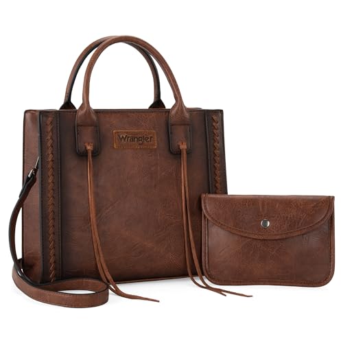 Vintage Dark Brown Wrangler Tote Bag for Women Western Cowhide Purse & Wallet Set