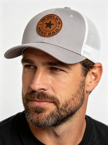 World Best Dad Ever Trucker Hat - Gray One Size with Leather Patch, Dad's Day Cap