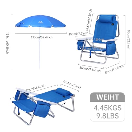 Nice C 1 Pack Blue Reclining Beach Chair with Umbrella & Cooler - Portable Outdoor Seating