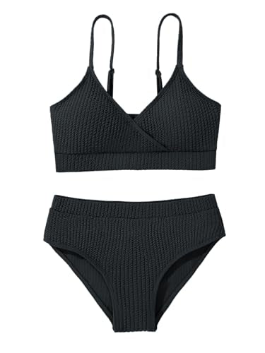 Girls' 2 Piece Ribbed V-Neck Bikini Set - Black, 15-16 Years
