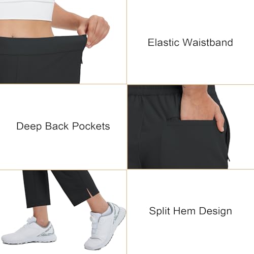 Women's Golf Pants with Zip Pockets - 7/8 Ankle Lightweight Stretch Athletic Trousers - Large / Black