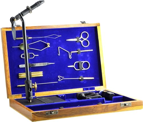 Fly Tying Kit with 12 Tools & Material for 48 Flies - Wooden Box & DVD