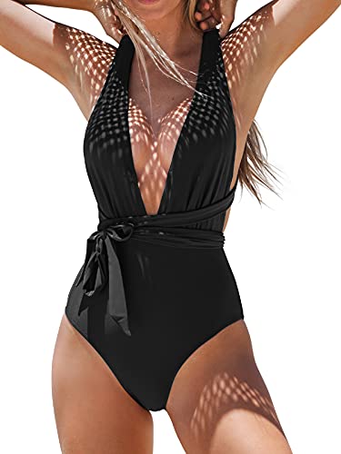 Women's Black One-Piece Swimsuit with Plunge V-Neck & Tie, Medium