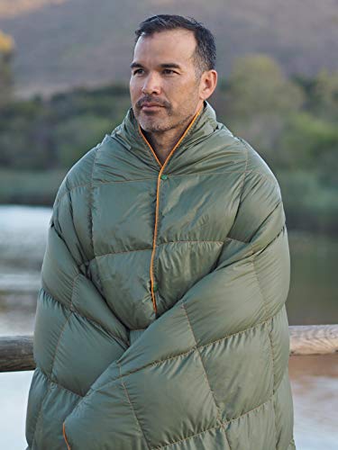 Down Camping Blanket - 1 Person, Packable, Water-Resistant, Olive/Orange - 650 Fill Power