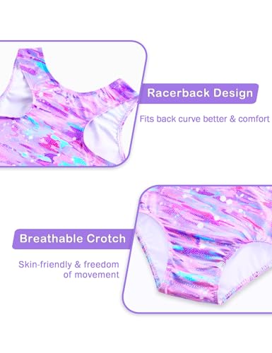 Girls Gymnastics Leotard with Sparkle and Shorts - Pink Purple Snow Dots, 6-7 Years