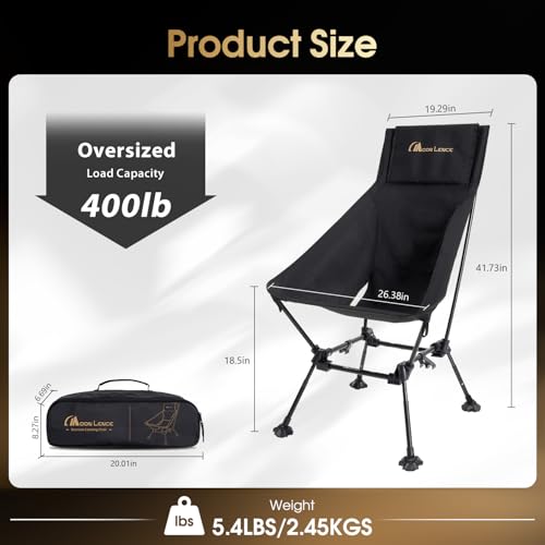 MOON LENCE Black Oversized High Back Camping Chair, Height Adjustable Folding Seat for Adults, 400 lbs Capacity