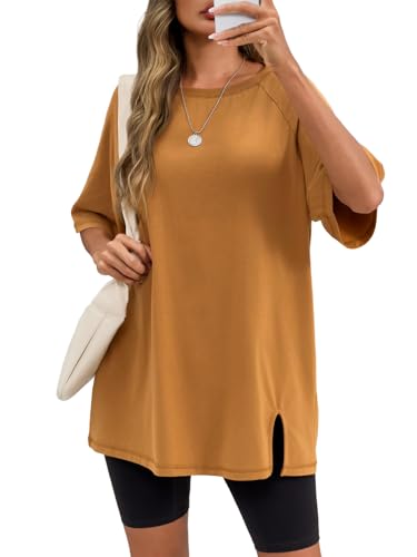Tankaneo Womens Oversized Workout T-Shirt - Medium Camel