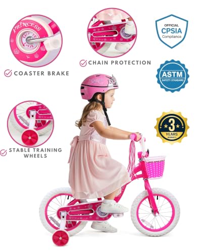 14 Inch Girls Princess Bike with Training Wheels - Pink Sparkling Design, Adjustable for Ages 3-8
