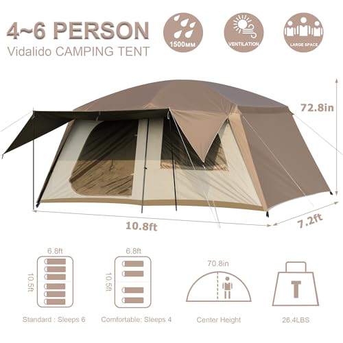 Vidalido 4-6 Person Waterproof Camping Tent with 3 Doors, 2 Rooms, Light Brown