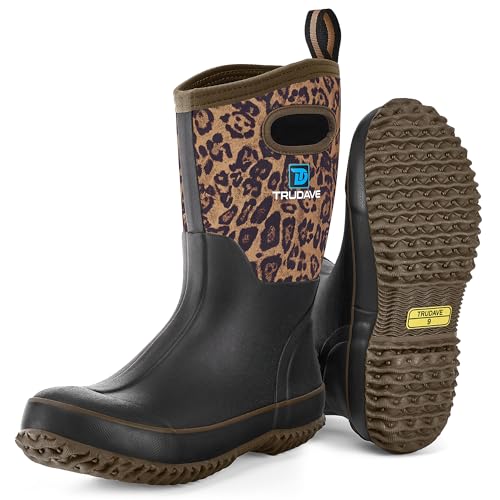Women’s Waterproof Rubber Boots with Leopard Print - Mid Calf Rain & Hunting Boots, Size 5-11