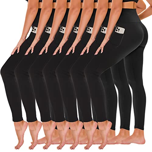 7 Pack High Waisted Yoga Leggings with Pockets for Women - Black, Full Length & Capri, Large-X-Large Variation