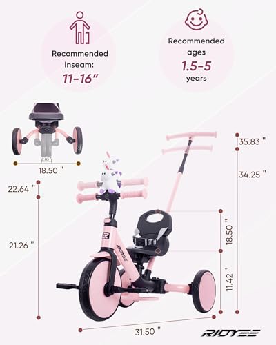 Toddler Tricycle 5-in-1 Kids Ride-On with Parent Steering Pink - Grow with Child