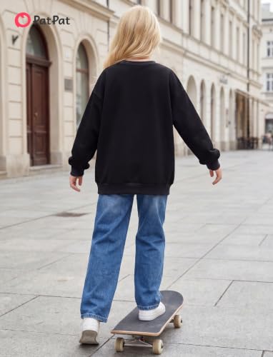 Girls Oversized Cotton Blend Sweatshirt - Lightweight Pullover, 13-14 Years, Black