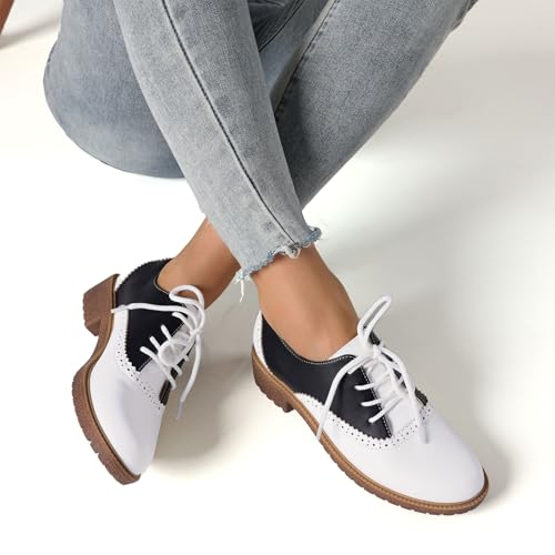 mikarka Vintage 50s Women's Saddle Shoes Black/White Matte 8 Perforated Design