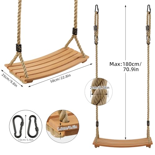 Beige Wooden Tree Swing for Adults & Kids - 22.8 x 9.8 x 0.6 inches, 440lb Capacity, Adjustable Rope, Indoor & Outdoor Use