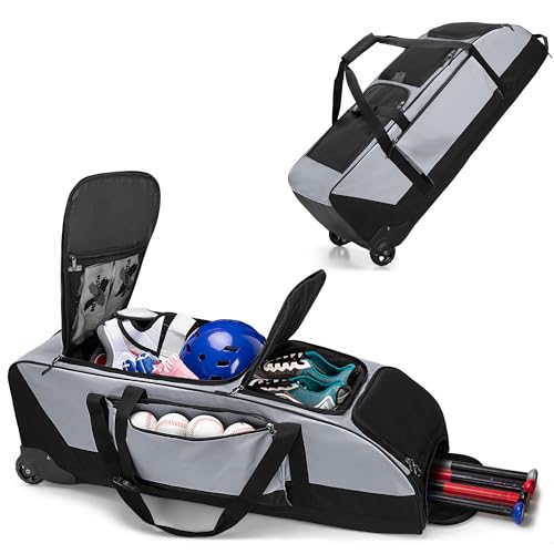 GOBUROS Rolling Baseball & Softball Gear Bag with Wheels, Multiple Pockets