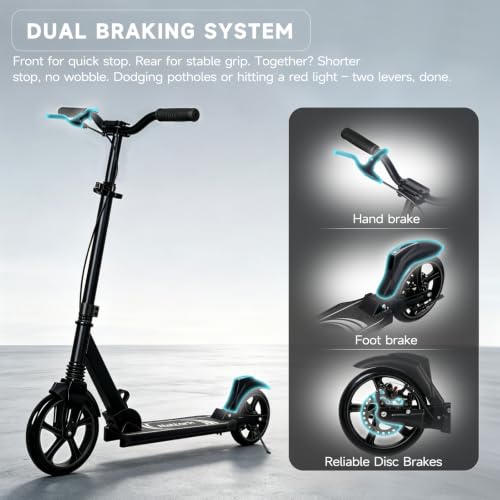 Nattork Black Adult & Teen Kick Scooter 240lbs Capacity with Dual Brakes & Adjustable Handlebar