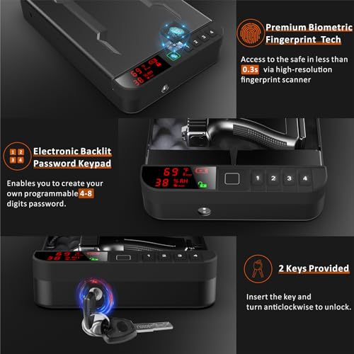 Portable Gun Safe with LCD Display Black - Biometric, Keypad & Key Lock for Travel & Home