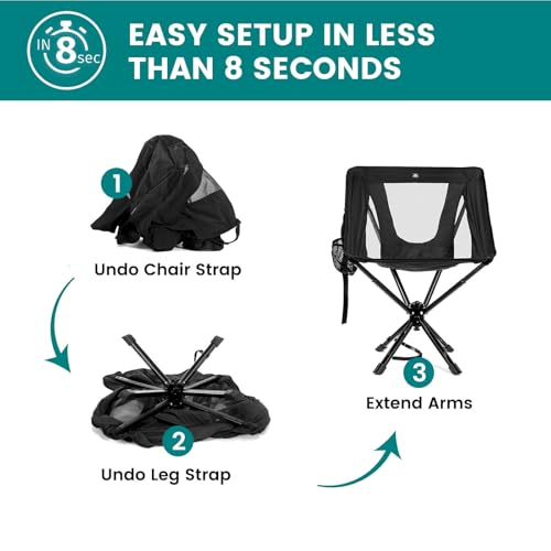 Portable Camping Chair with Swivel & Auto-Return - Lightweight Compact Folding Seat for Adults, Black